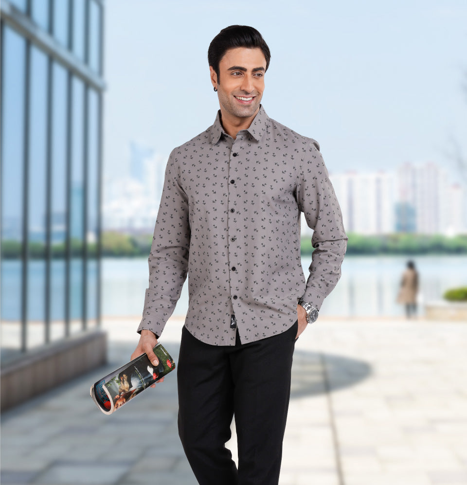 Active Fit Men's Shirt with Dandelions Pattern - Full Sleeves - Grey
