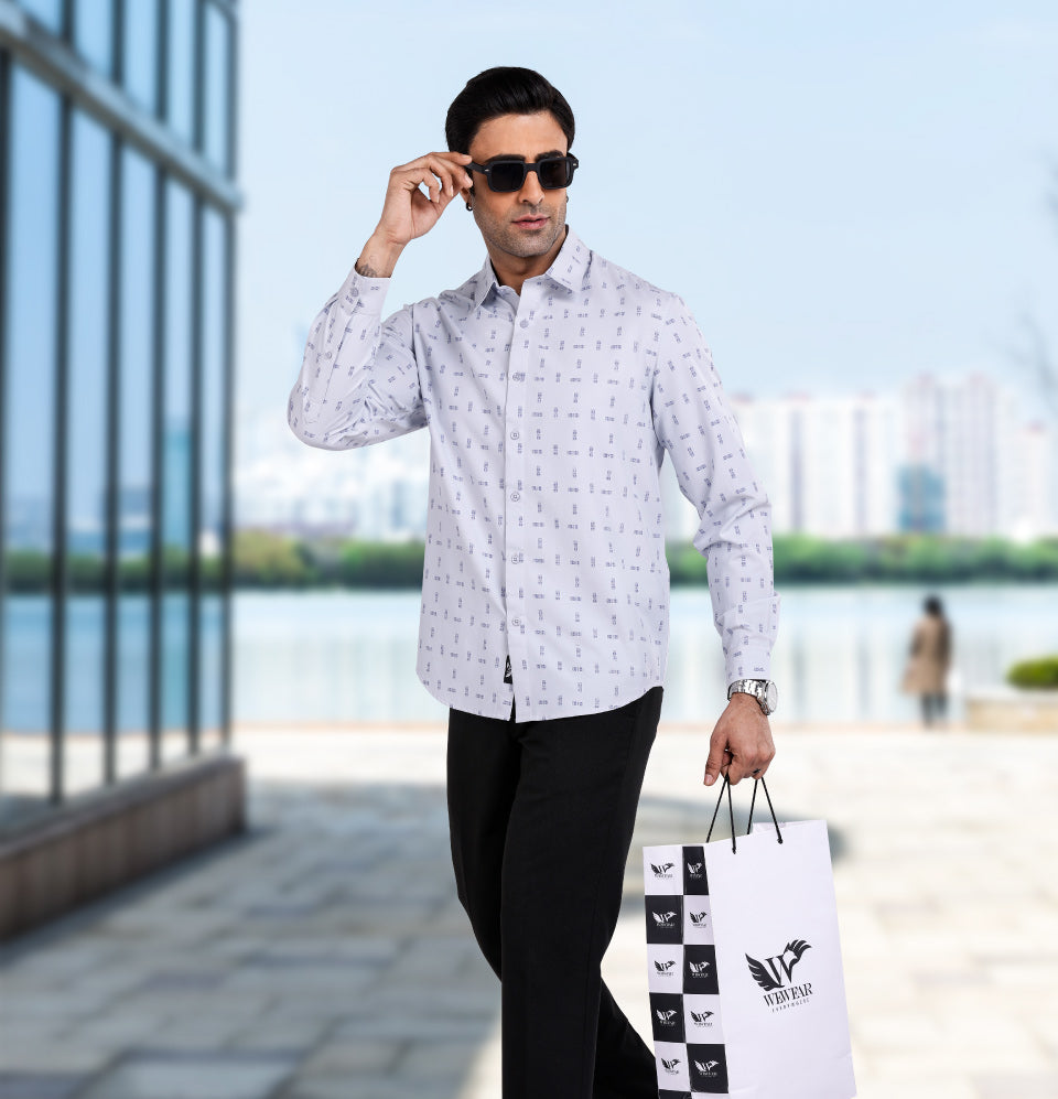 Active Fit Men's Shirt with Tribal Pattern - Full Sleeves - Ice Blue