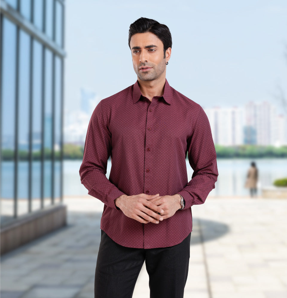 Active Fit Men's Shirt with Classic Pattern - Full Sleeves - Wine