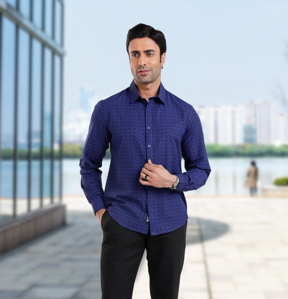 Active Fit Men's Shirt with Cluster Pattern - Full Sleeves - Royal Blue