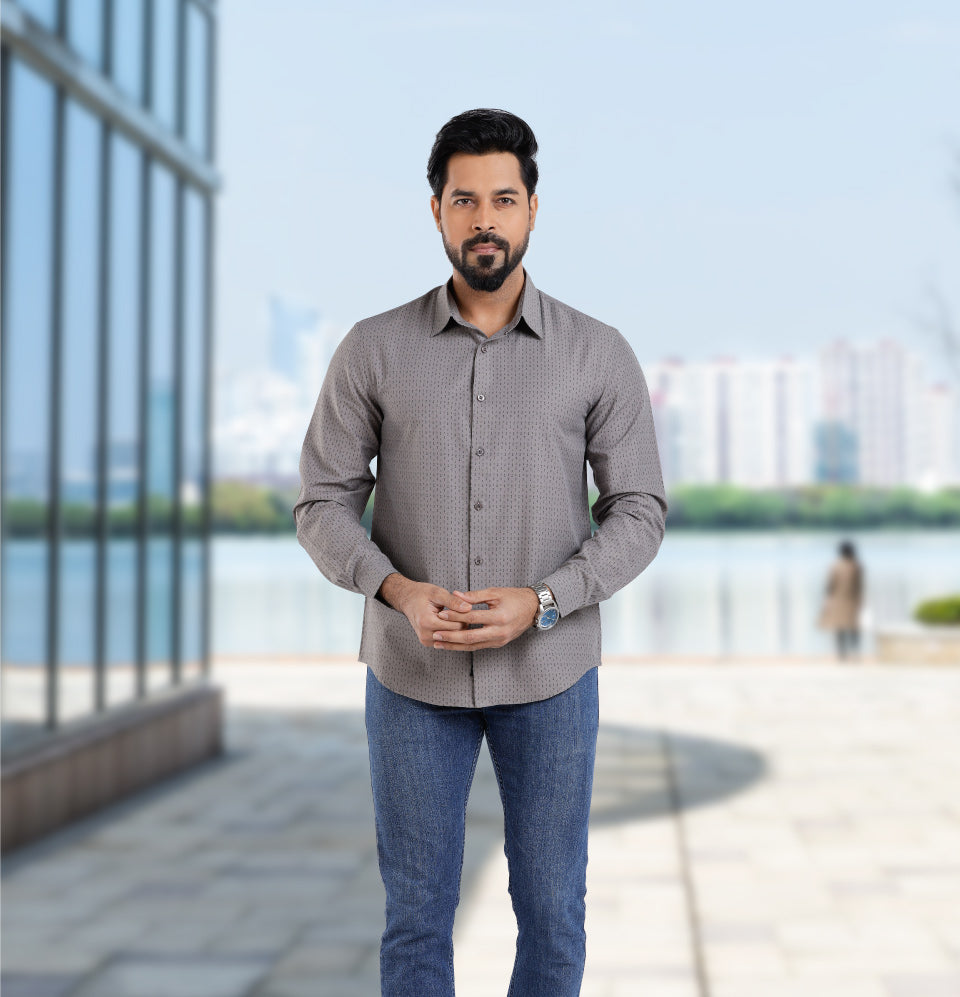 Active Fit Men's Shirt with Double Arrow Pattern - Full Sleeves - Grey