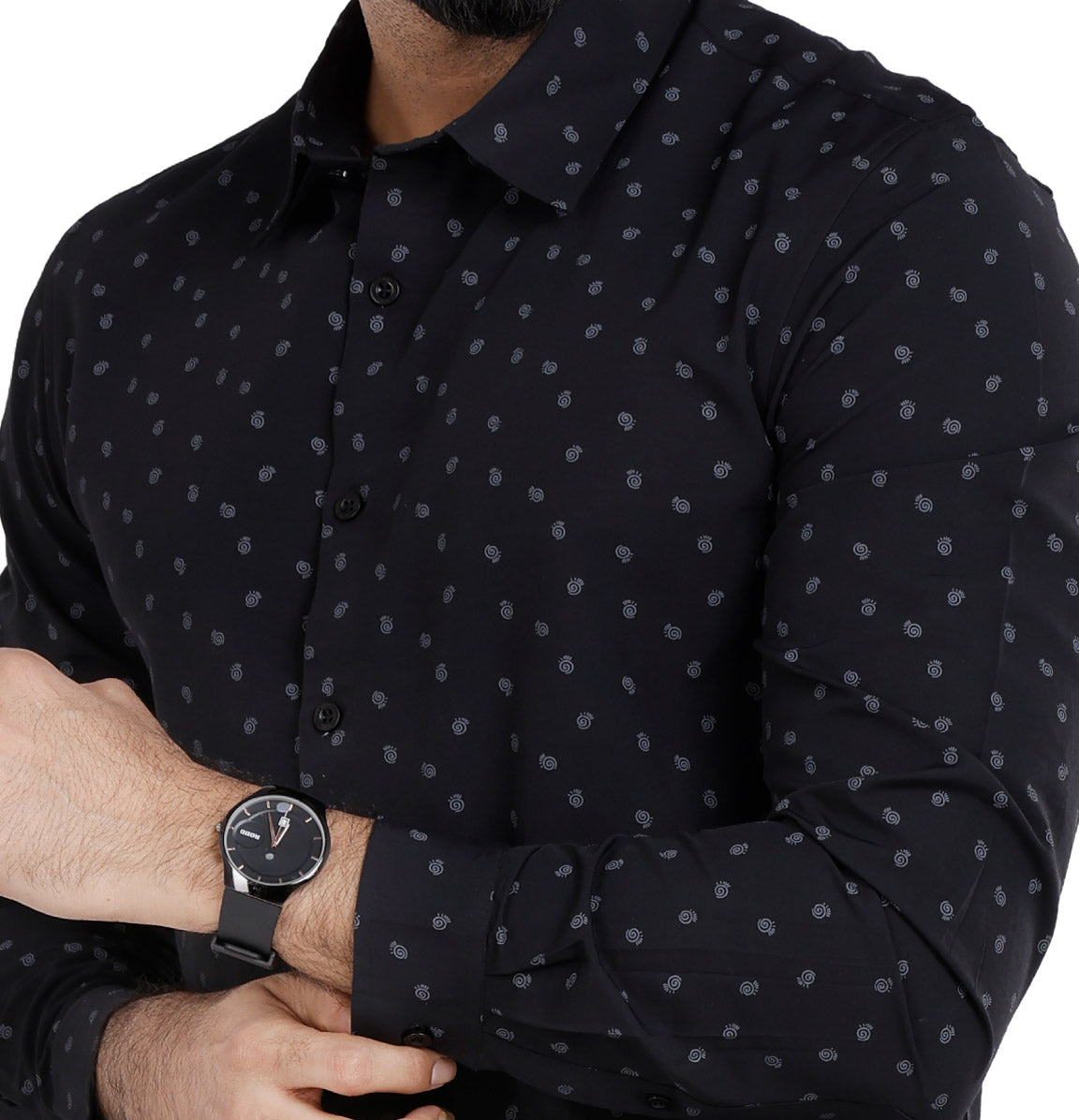 Active Fit Men's Shirt with Spiral Pattern - Full Sleeves - Black
