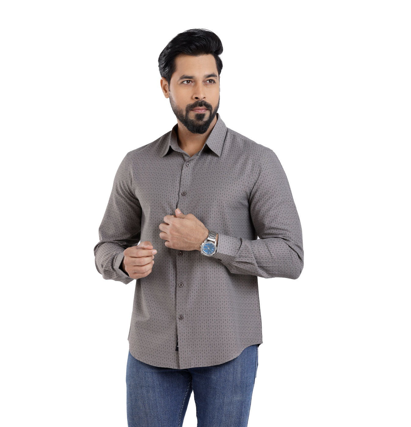 Active Fit Men's Shirt with Double Arrow Pattern - Full Sleeves - Grey