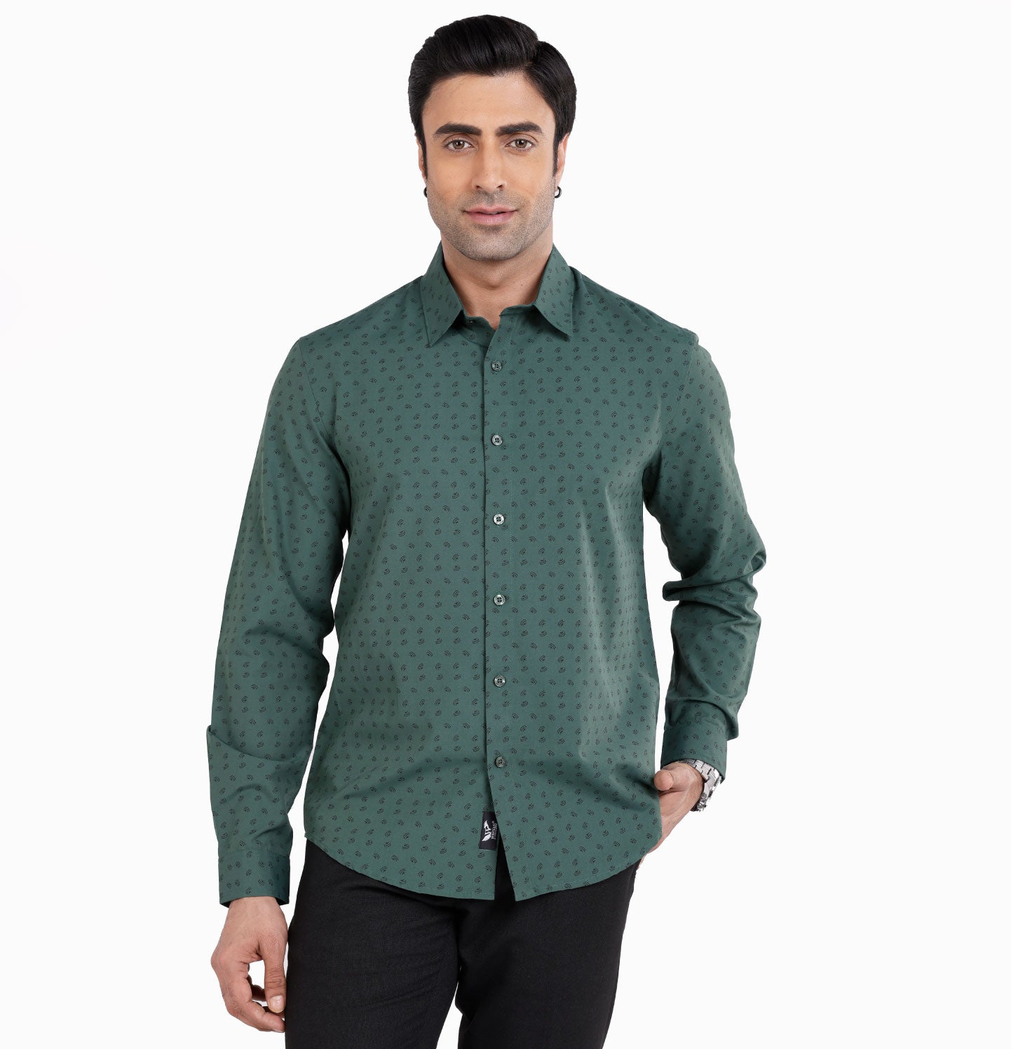 Active Fit Men's Shirt with Compass Pattern - Full Sleeves - Green