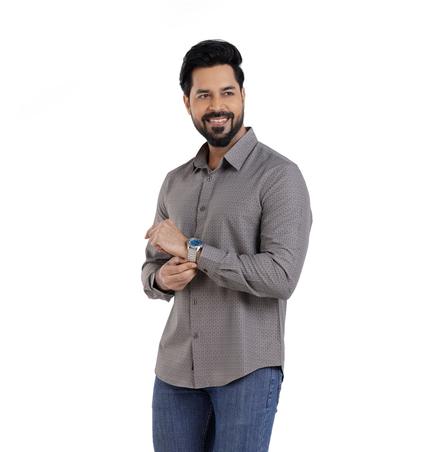 Active Fit Men's Shirt with Double Arrow Pattern - Full Sleeves - Grey