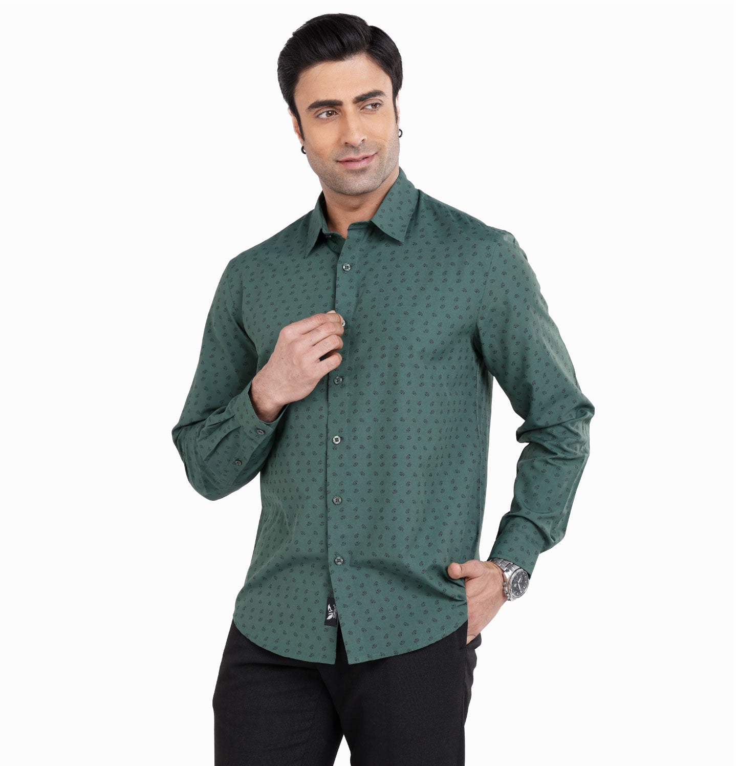 Active Fit Men's Shirt with Compass Pattern - Full Sleeves - Green