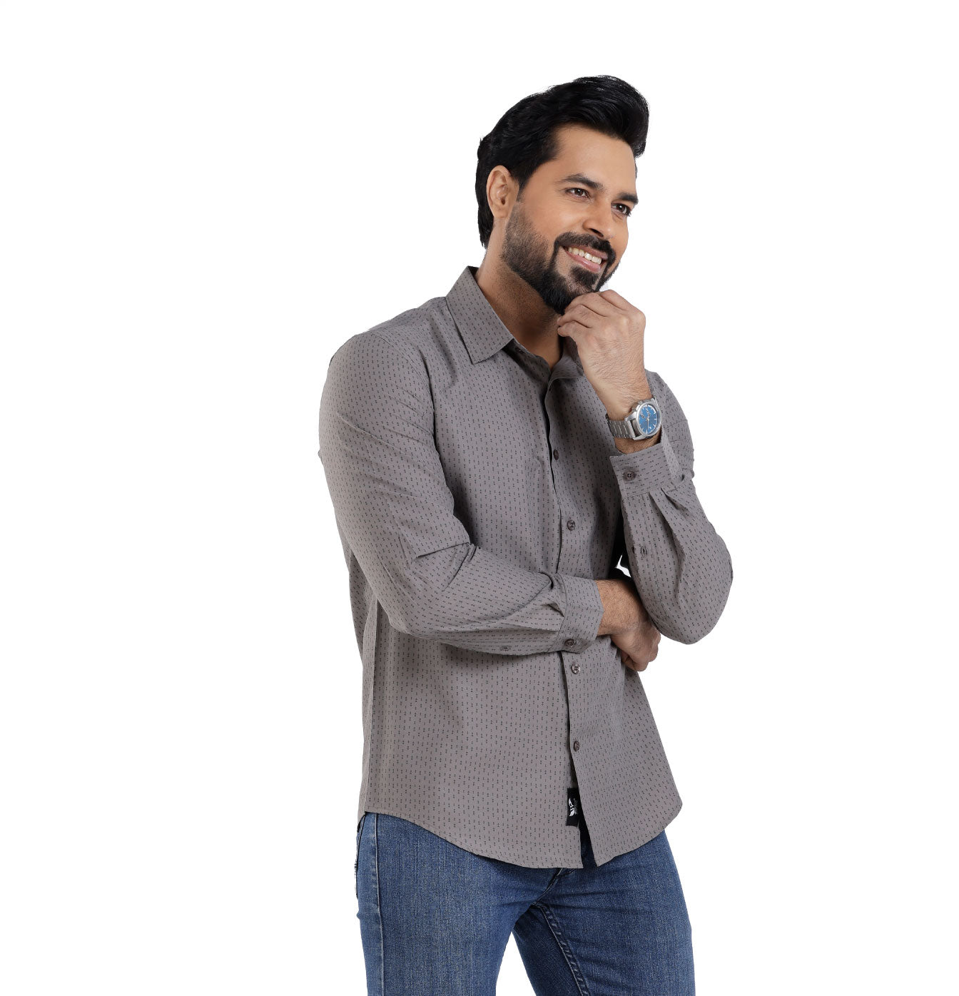 Active Fit Men's Shirt with Double Arrow Pattern - Full Sleeves - Grey