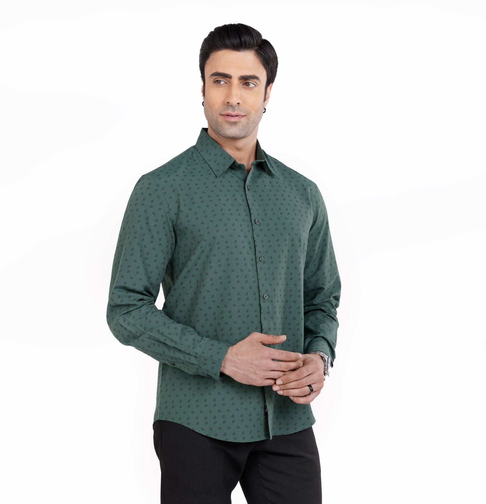 Active Fit Men's Shirt with Compass Pattern - Full Sleeves - Green
