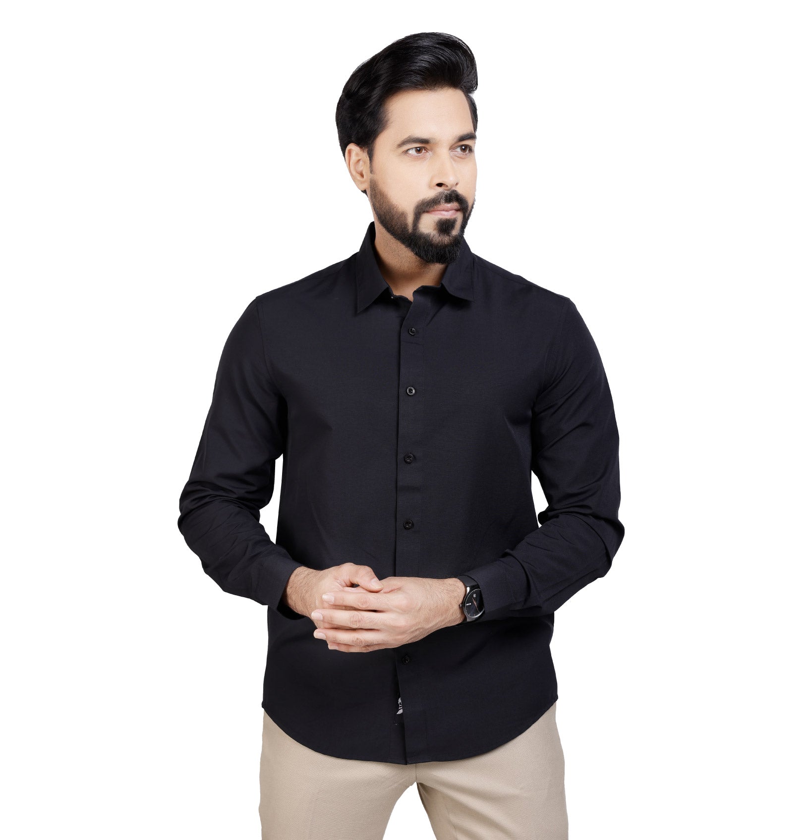 Active Fit Men's Shirt with Solid Pattern - Full Sleeves - Black
