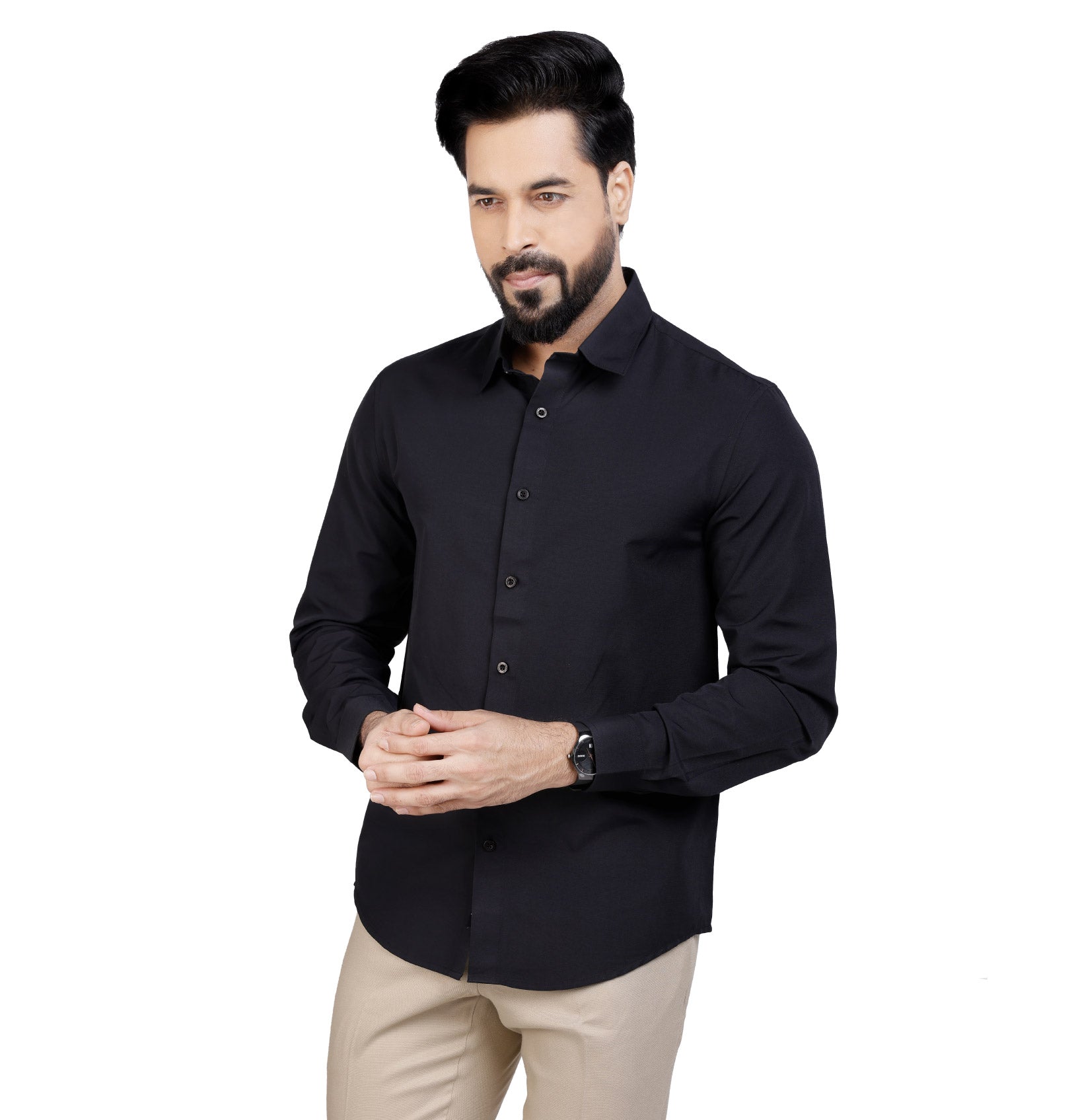 Active Fit Men's Shirt with Solid Pattern - Full Sleeves - Black