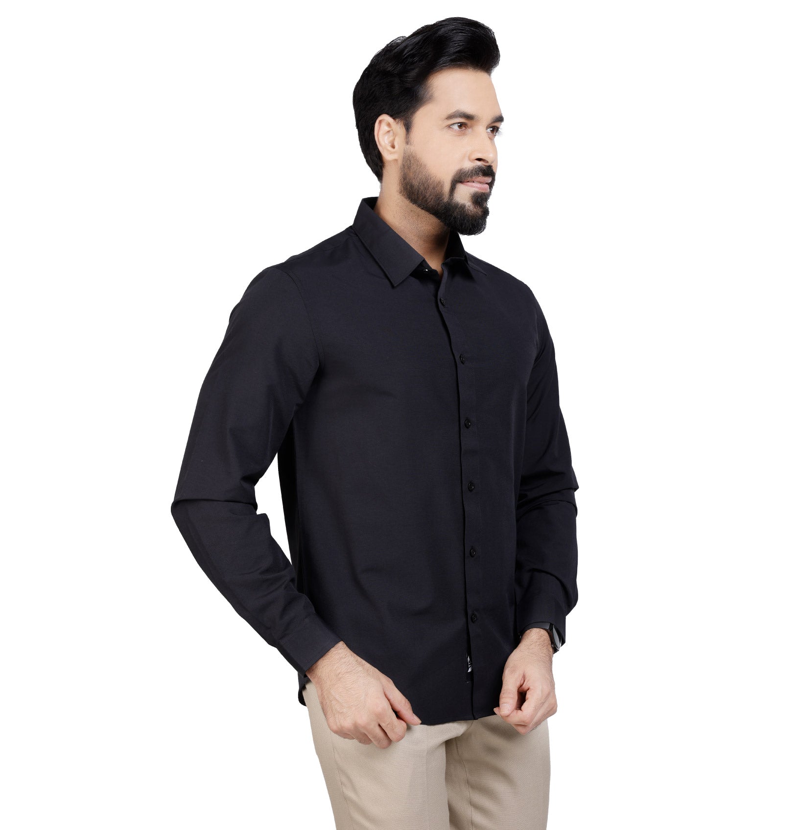 Active Fit Men's Shirt with Solid Pattern - Full Sleeves - Black