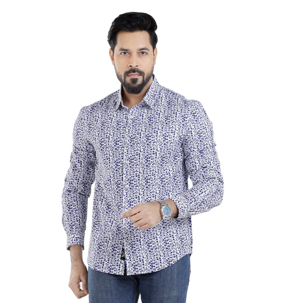 Active Fit Men's Shirt with Florals - Full Sleeves - White