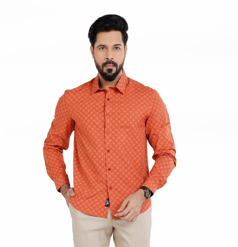Active Fit Men's Shirt with Stencil Pattern - Full Sleeves - Rust Orange