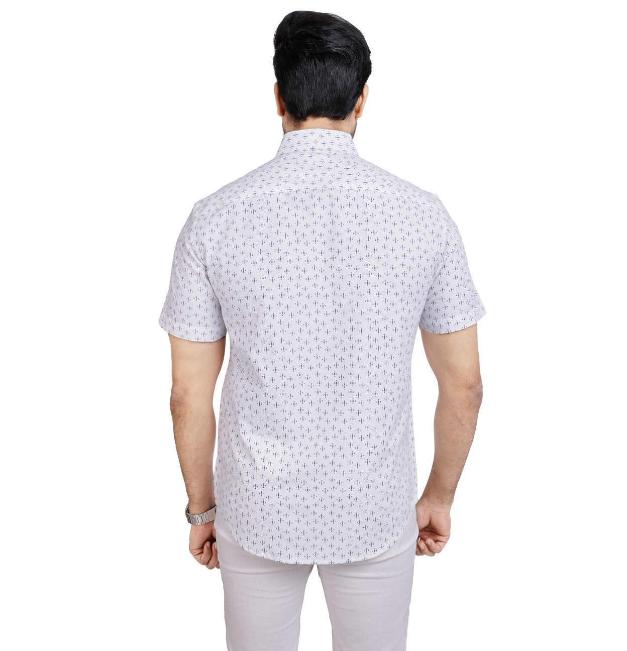 Active Fit Men's Shirt with Diamonds Pattern - Half Sleeves - White