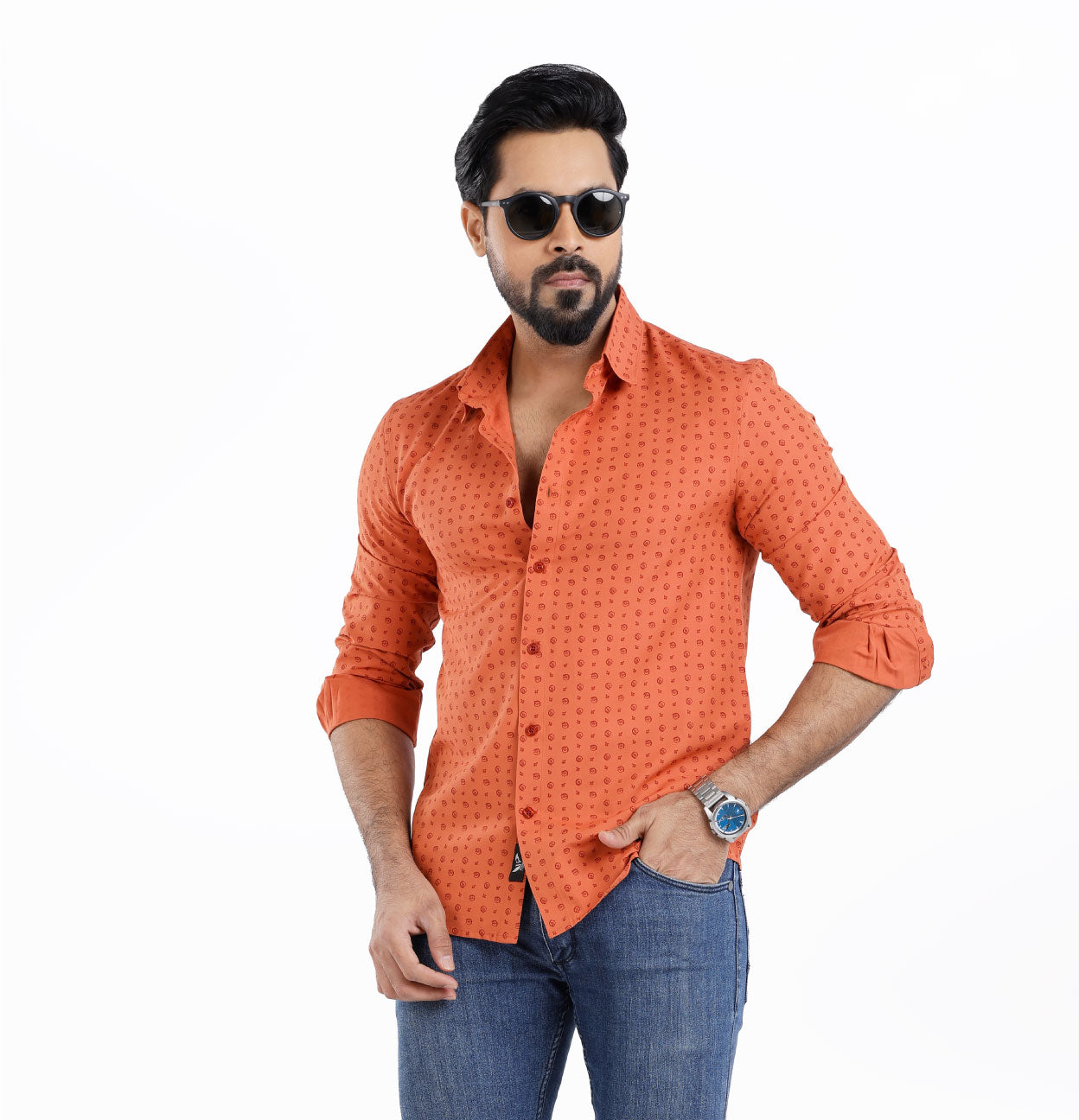 Active Fit Men's Shirt with Travel Pattern - Full Sleeves - Rust Orange