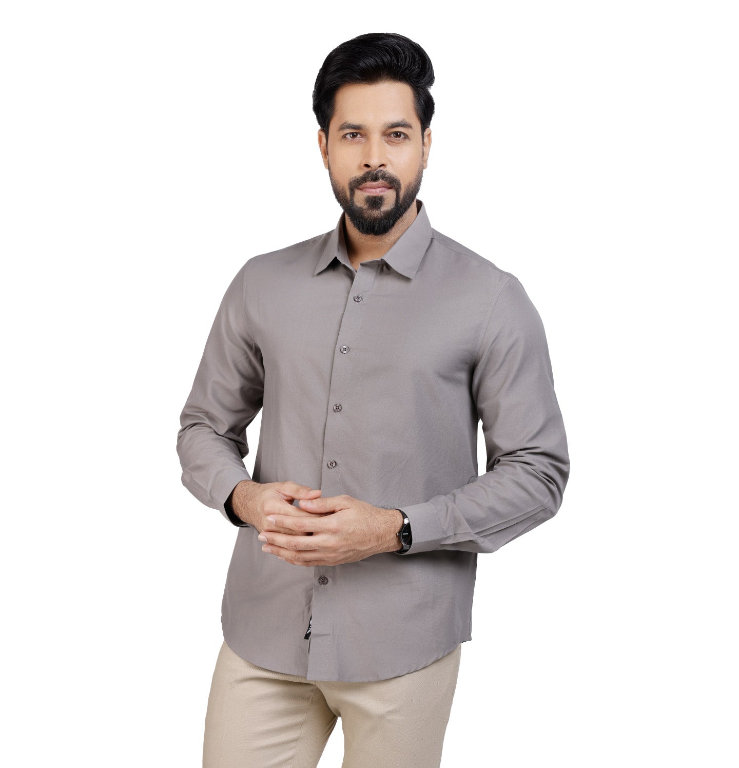 Active Fit Men's Shirt with Solid Pattern - Full Sleeves - Grey