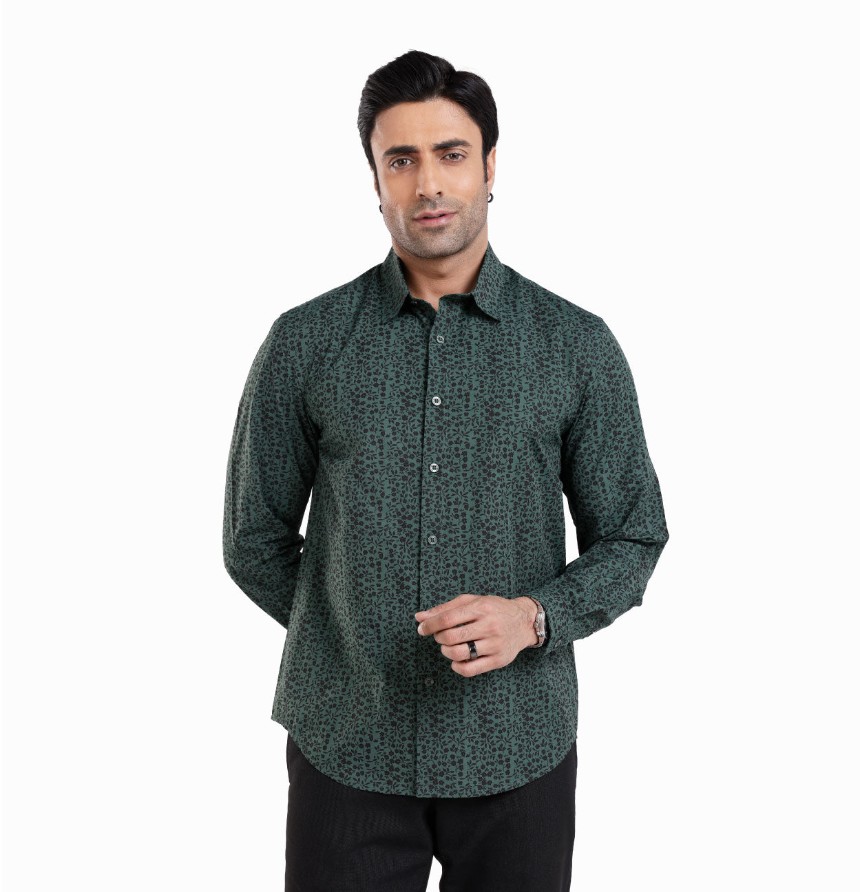 Active Fit Men's Shirt with Florals Pattern - Full Sleeves - Green