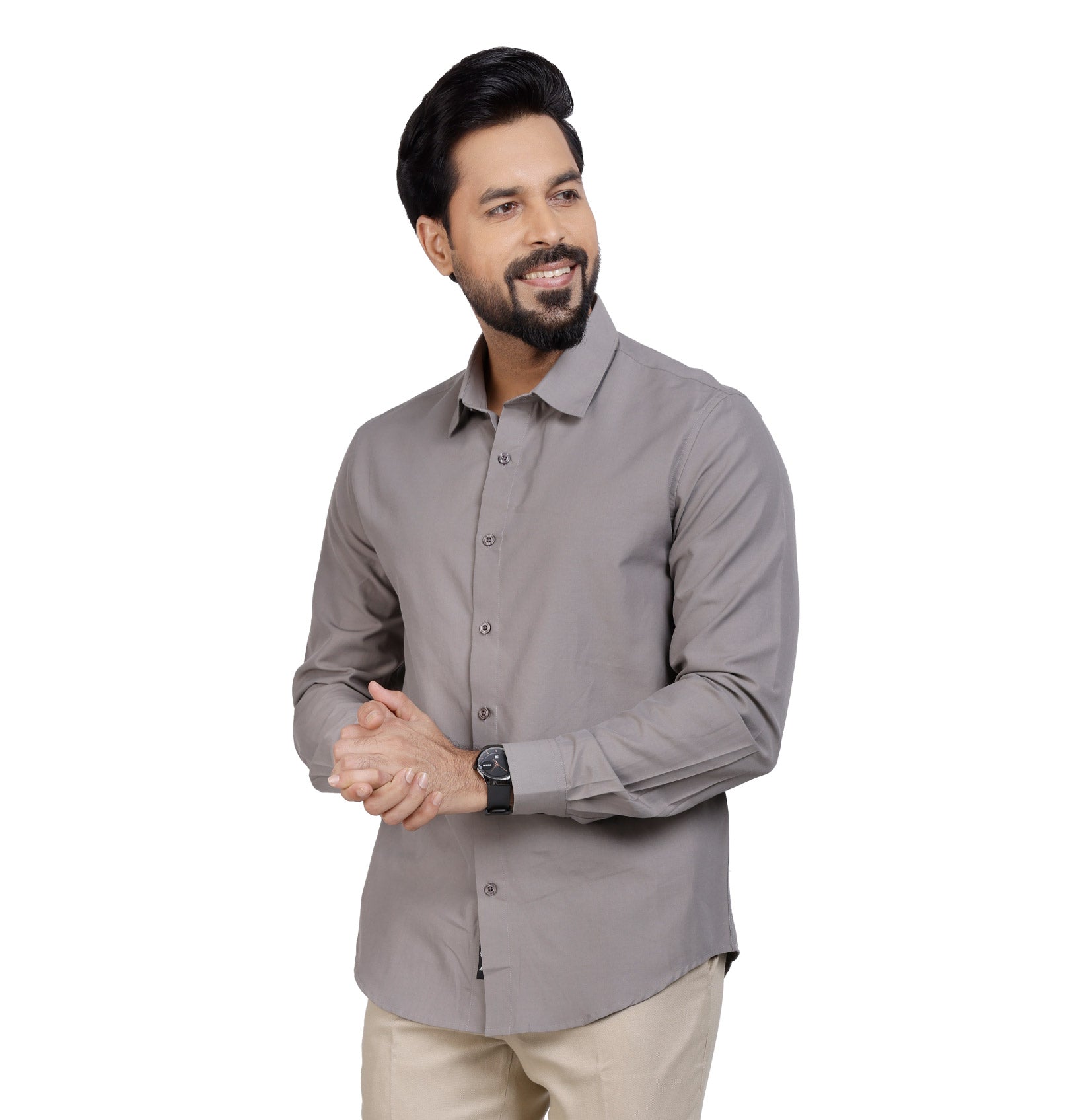 Active Fit Men's Shirt with Solid Pattern - Full Sleeves - Grey