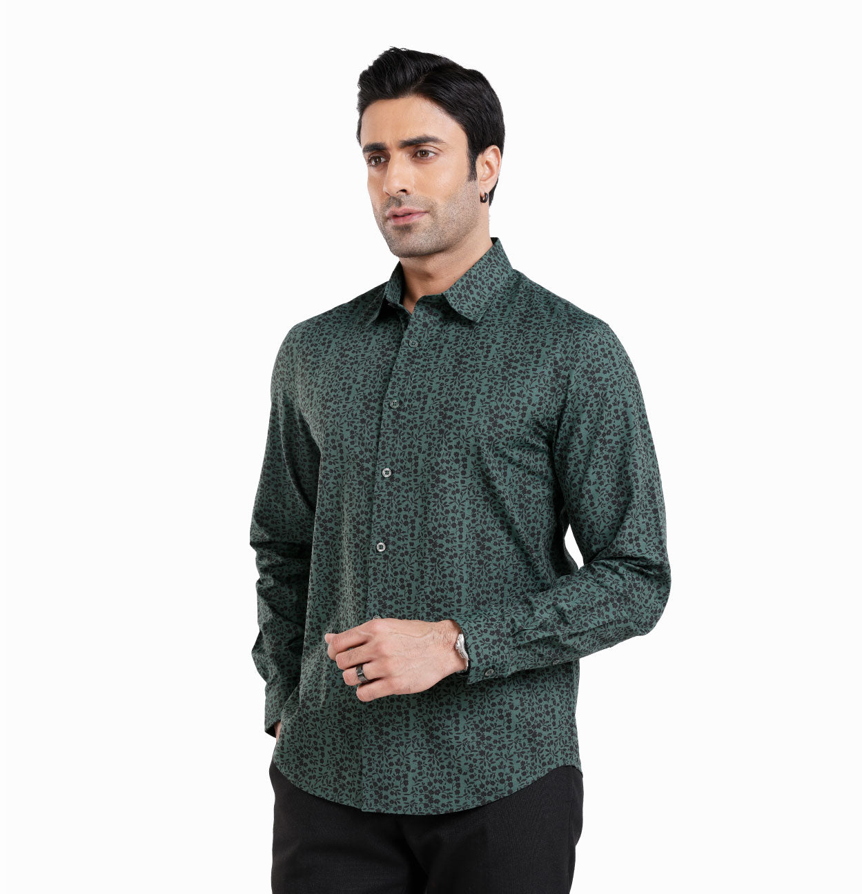 Active Fit Men's Shirt with Florals Pattern - Full Sleeves - Green