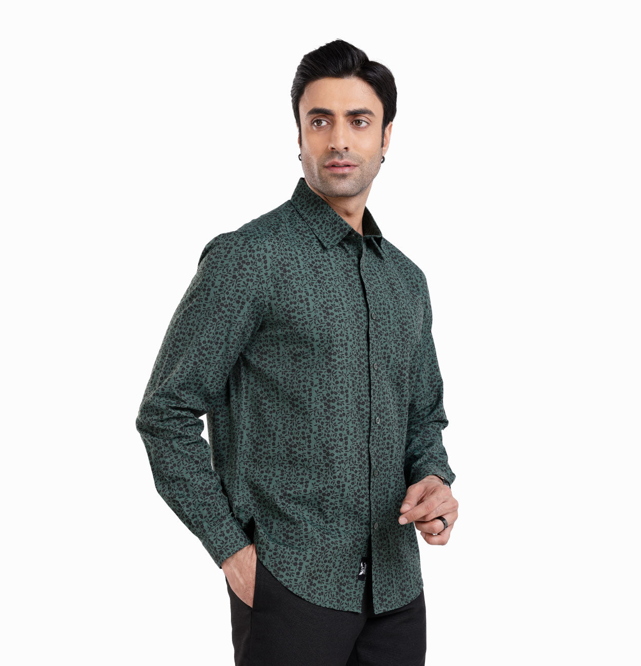 Active Fit Men's Shirt with Florals Pattern - Full Sleeves - Green