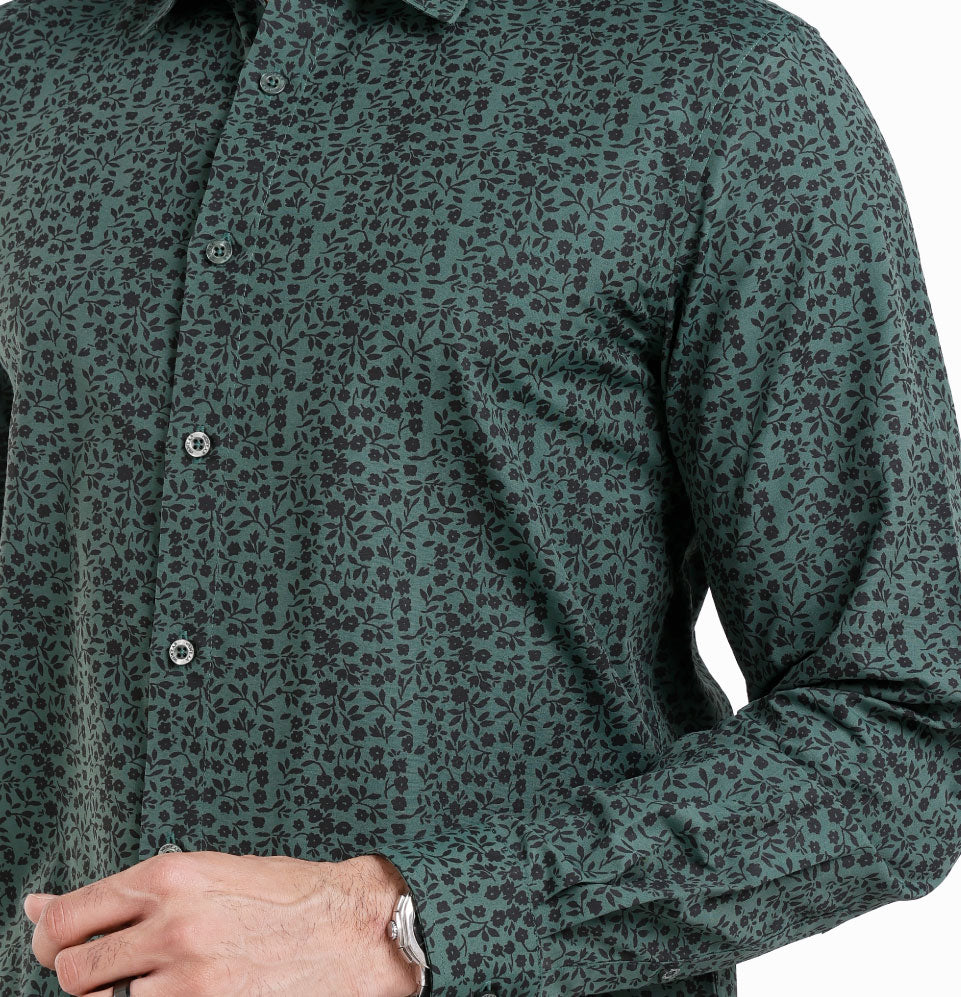 Active Fit Men's Shirt with Florals Pattern - Full Sleeves - Green