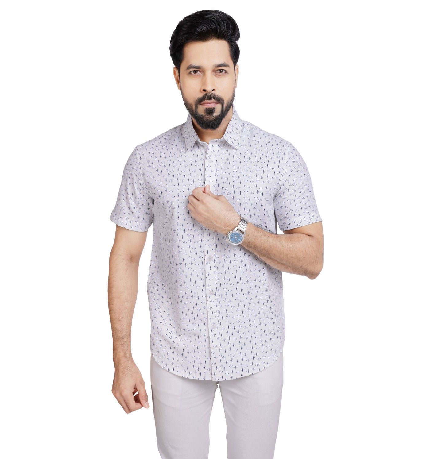 Active Fit Men's Shirt with Diamonds Pattern - Half Sleeves - White