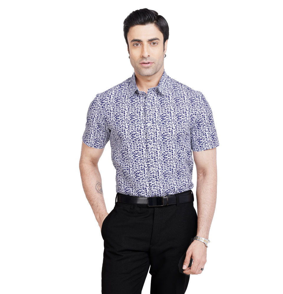 Active Fit Men's Shirt with Florals Pattern - Half Sleeves - White