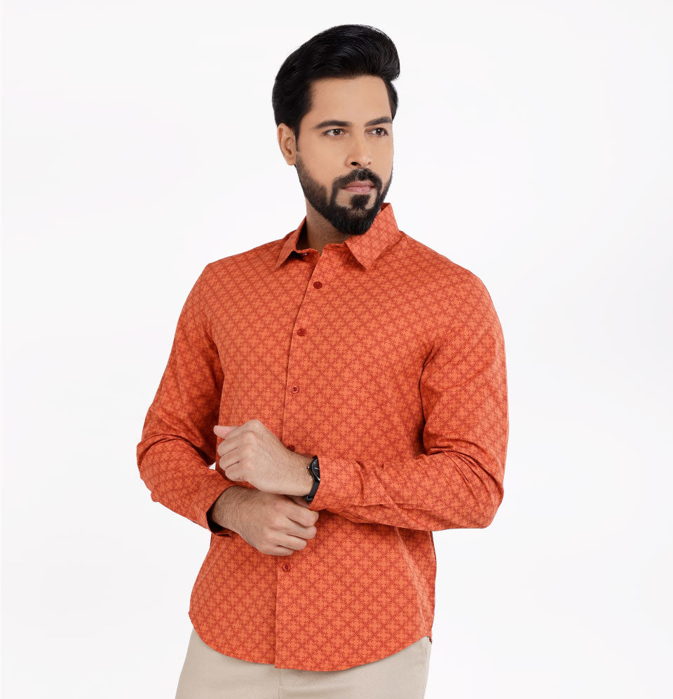 Active Fit Men's Shirt with Stencil Pattern - Full Sleeves - Rust Orange