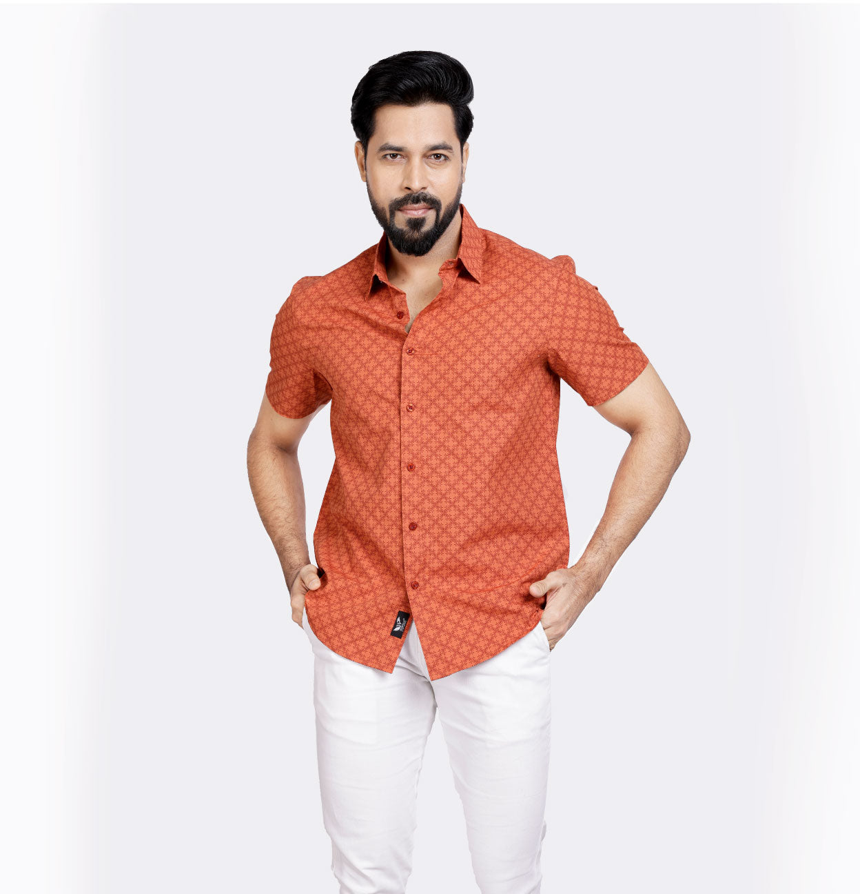 Active Fit Men's Shirt with Stencil Pattern - Half Sleeves - Rust Orange