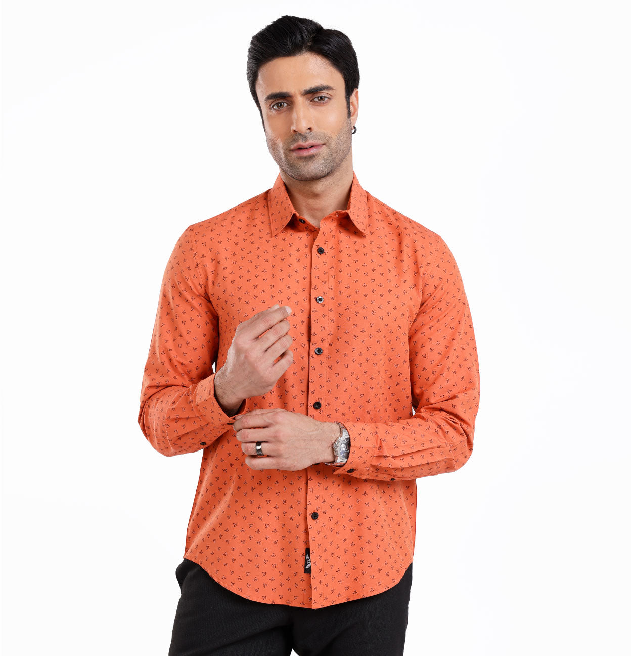 Active Fit Men's Shirt with Birdy Pattern - Full Sleeves - Rust Orange