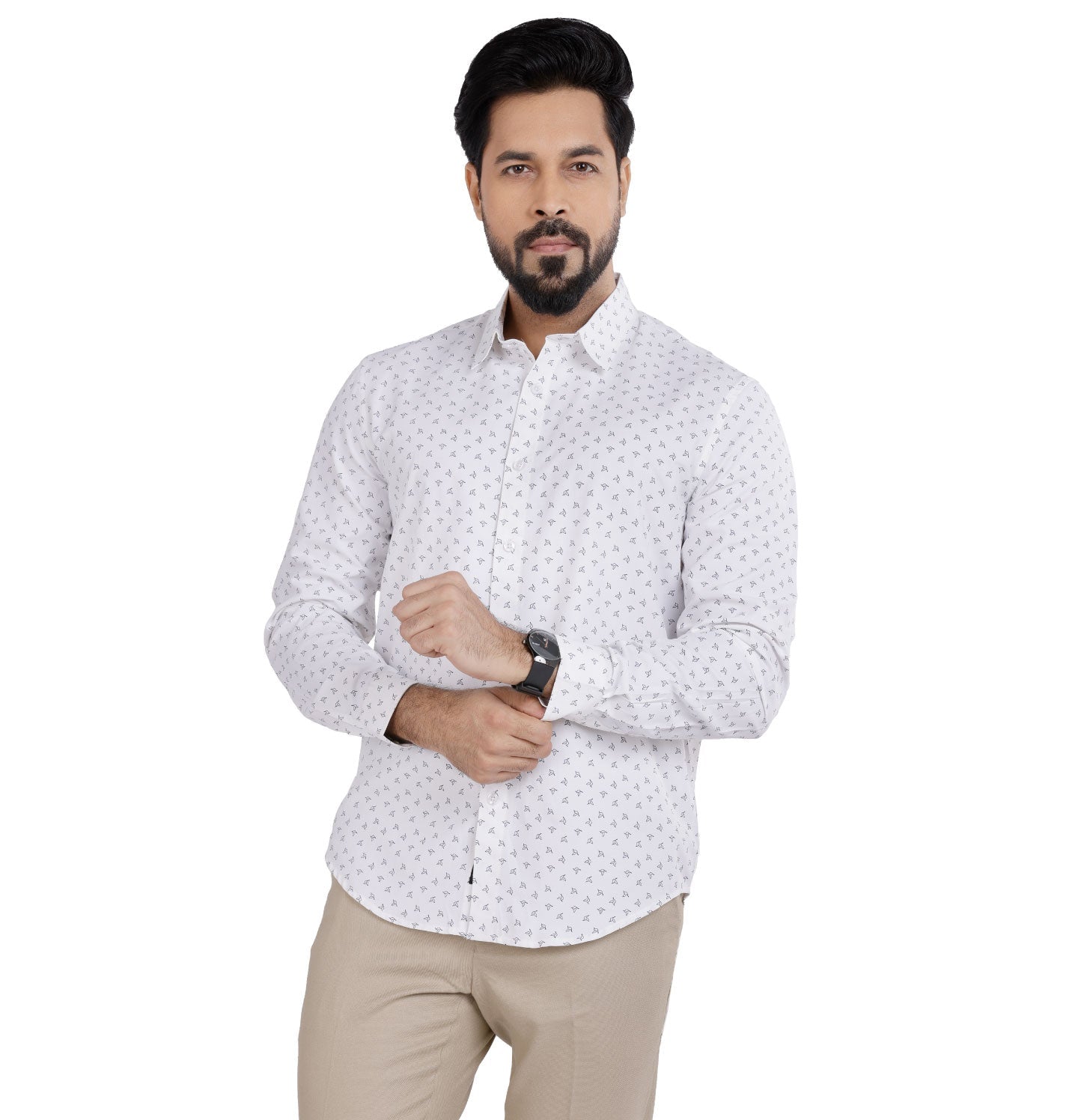 Active Fit Men's Shirt with Birdy Pattern - Full Sleeves - White