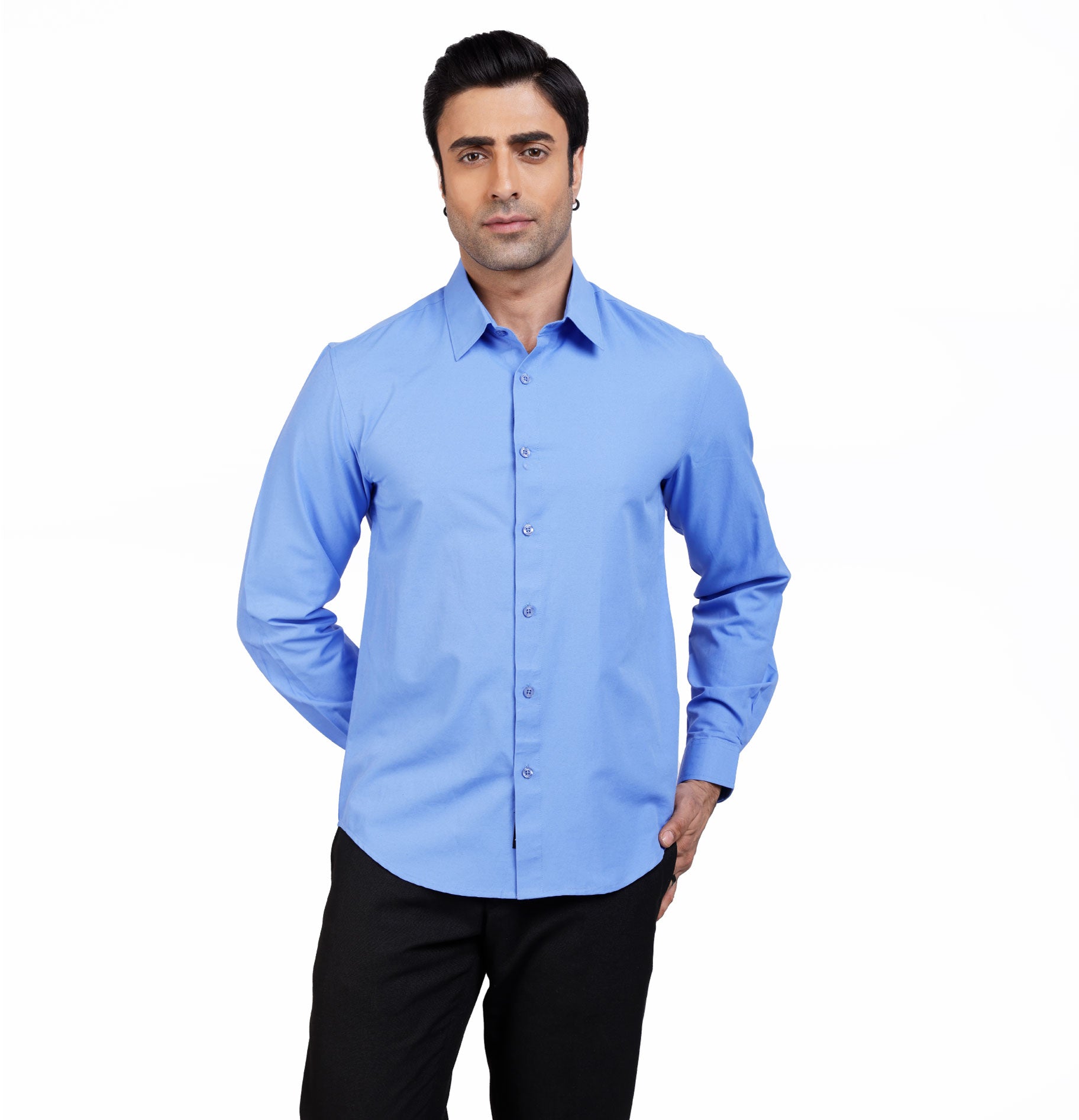 Active Fit Men's Shirt with Solid Pattern - Full Sleeves - Blue Bonnet