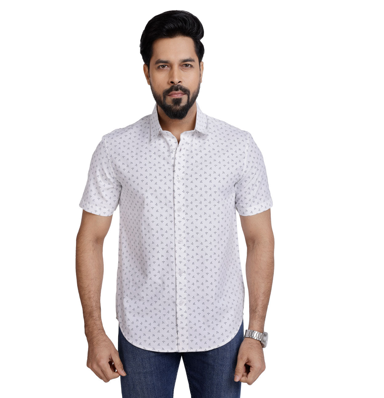 Active Fit Men's Shirt with Birdy Pattern - Half Sleeves - White