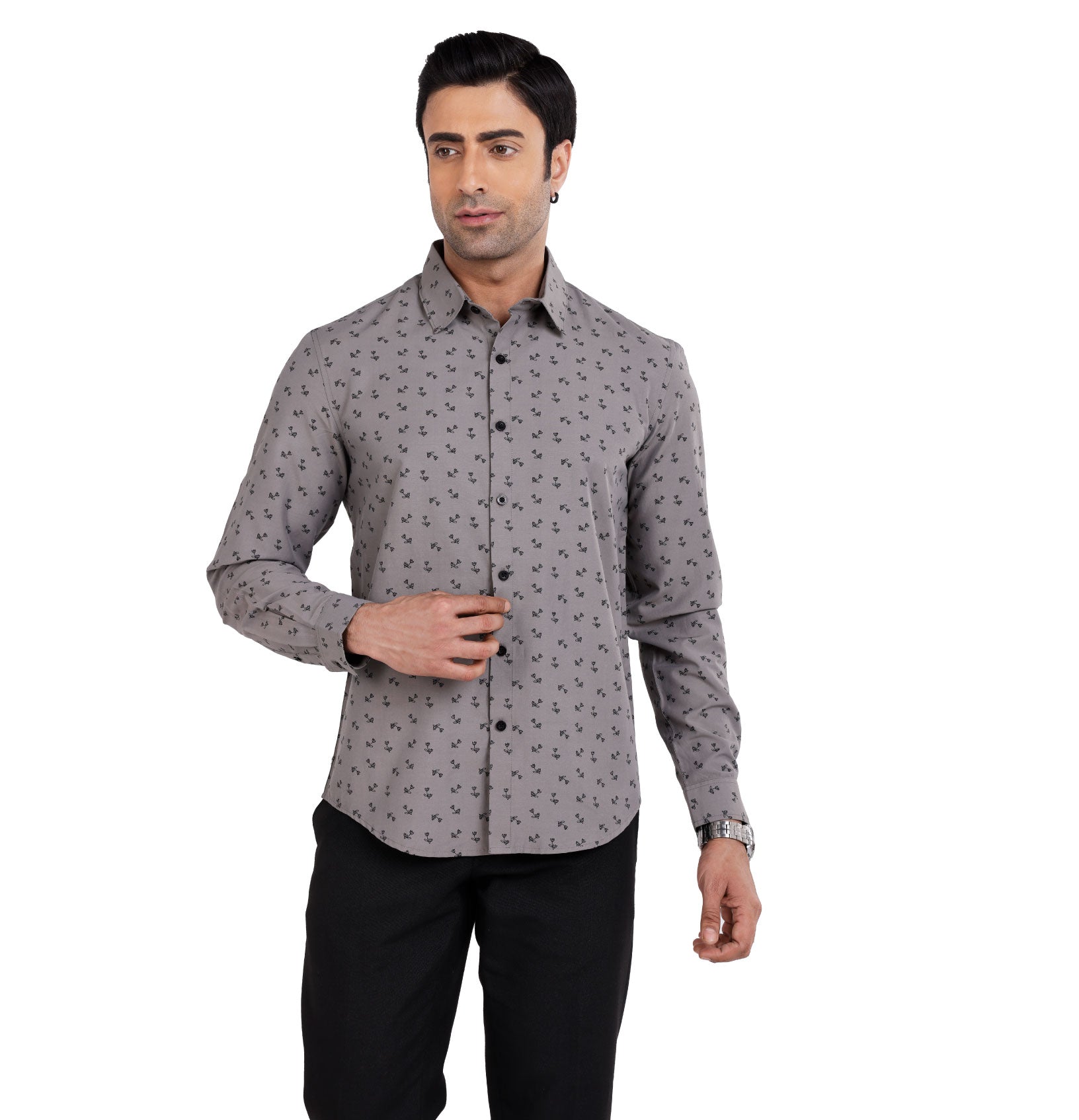 Active Fit Men's Shirt with Dandelions Pattern - Full Sleeves - Grey