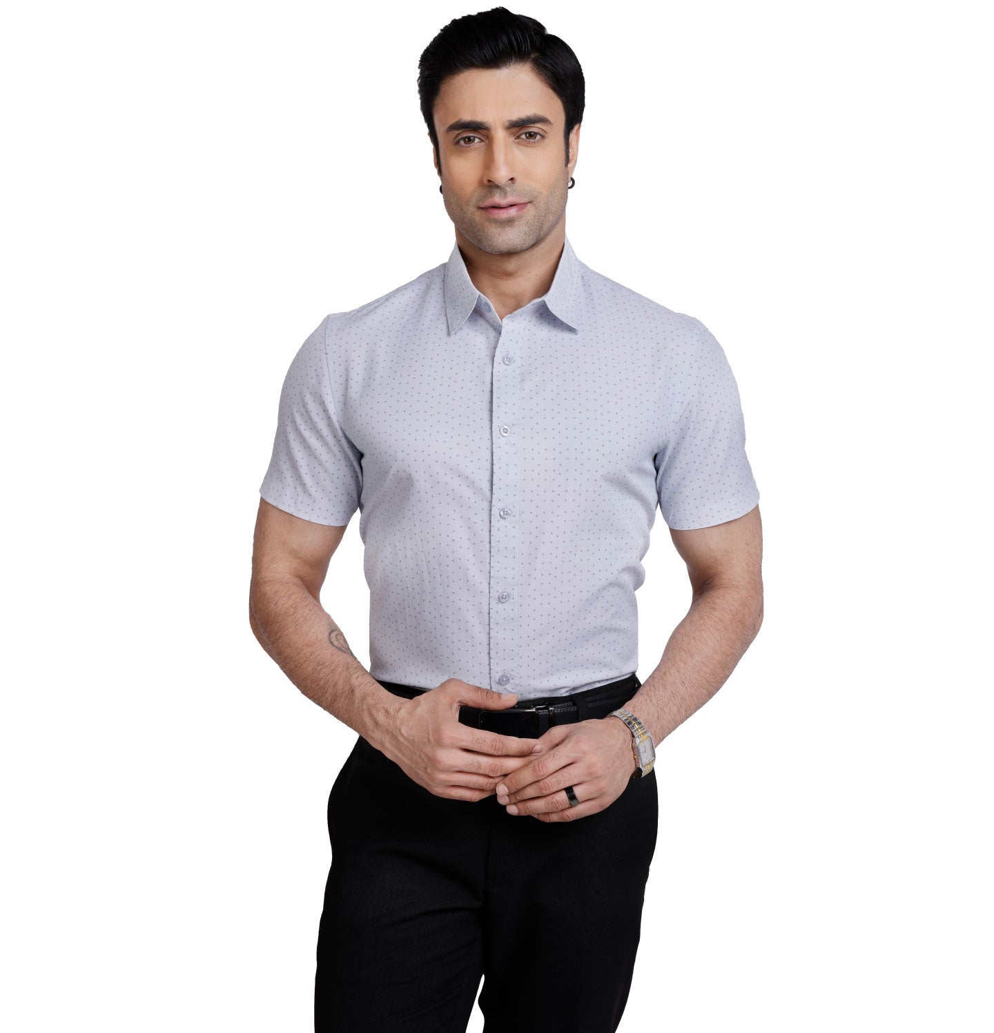 Active Fit Men's Shirt with Rhombus Pattern - Half Sleeves - Ice Blue