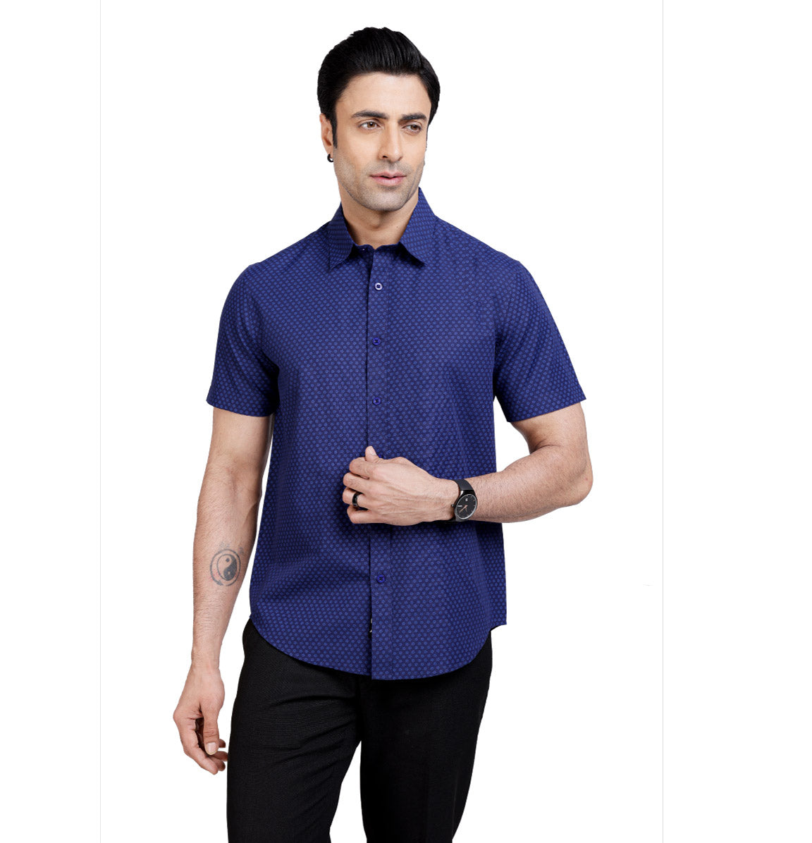 Active Fit Men's Shirt with Cluster Pattern - Half Sleeves - Royal Blue