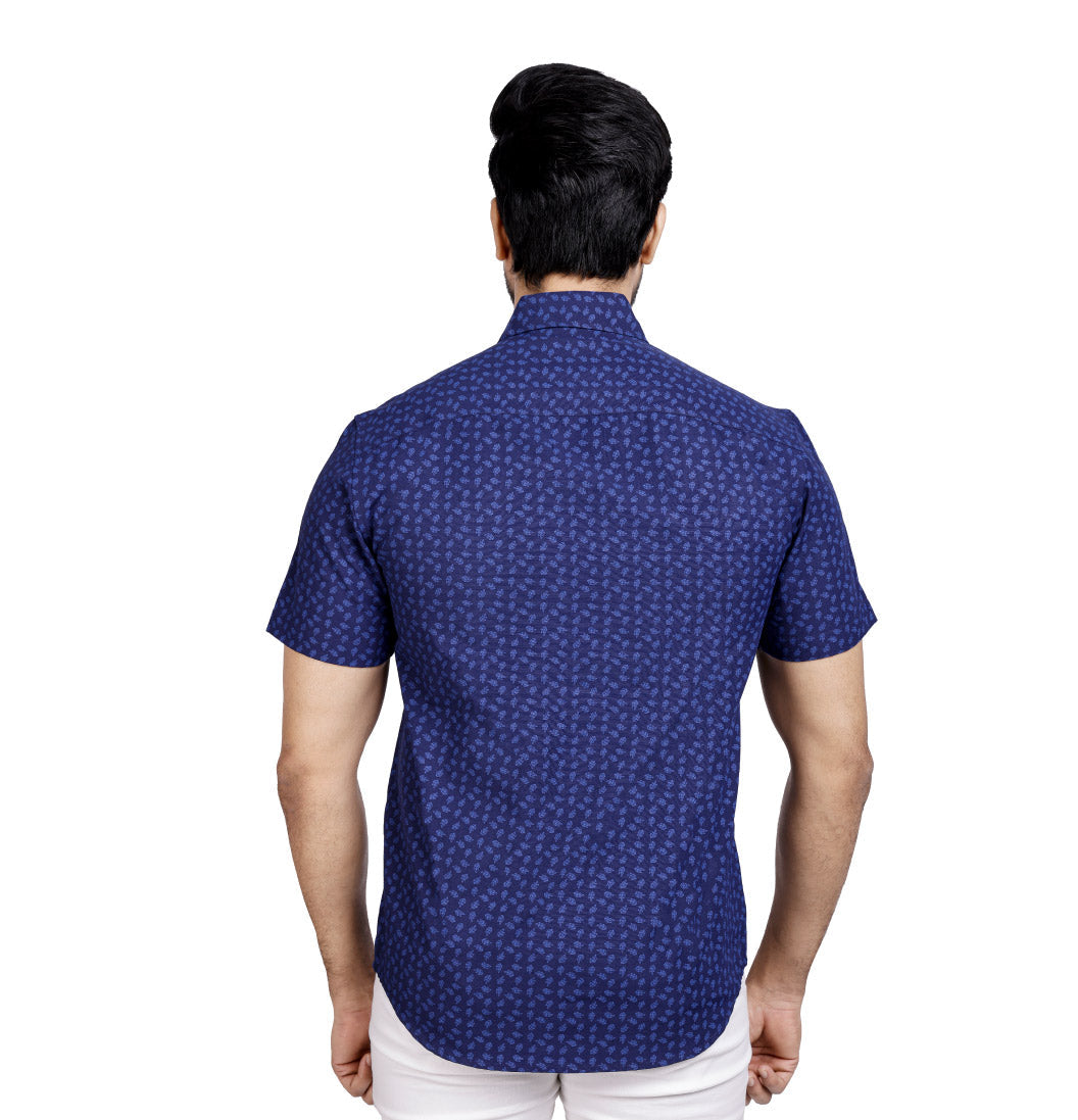 Active Fit Men's Shirt with Leaves Pattern - Half Sleeves - Royal Blue