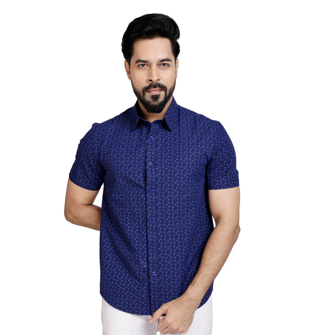 Active Fit Men's Shirt with Leaves Pattern - Half Sleeves - Royal Blue