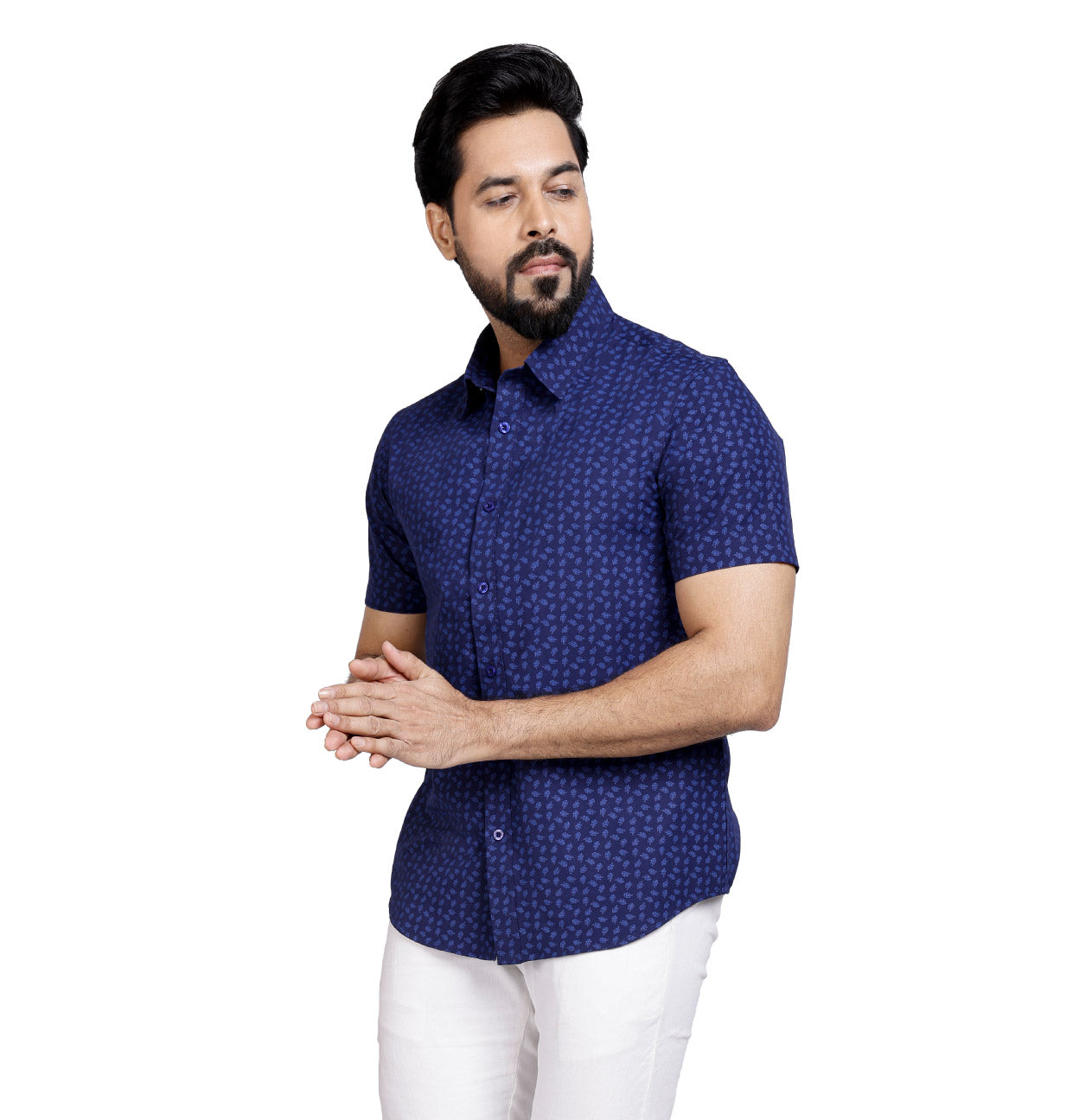 Active Fit Men's Shirt with Leaves Pattern - Half Sleeves - Royal Blue