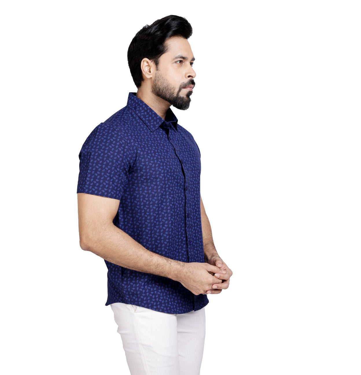 Active Fit Men's Shirt with Leaves Pattern - Half Sleeves - Royal Blue