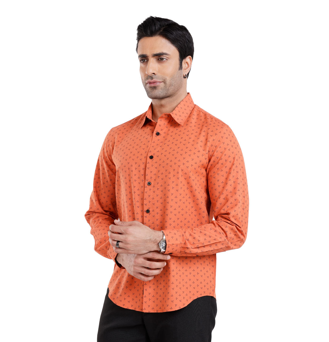 Active Fit Men's Shirt with Birdy Pattern - Full Sleeves - Rust Orange