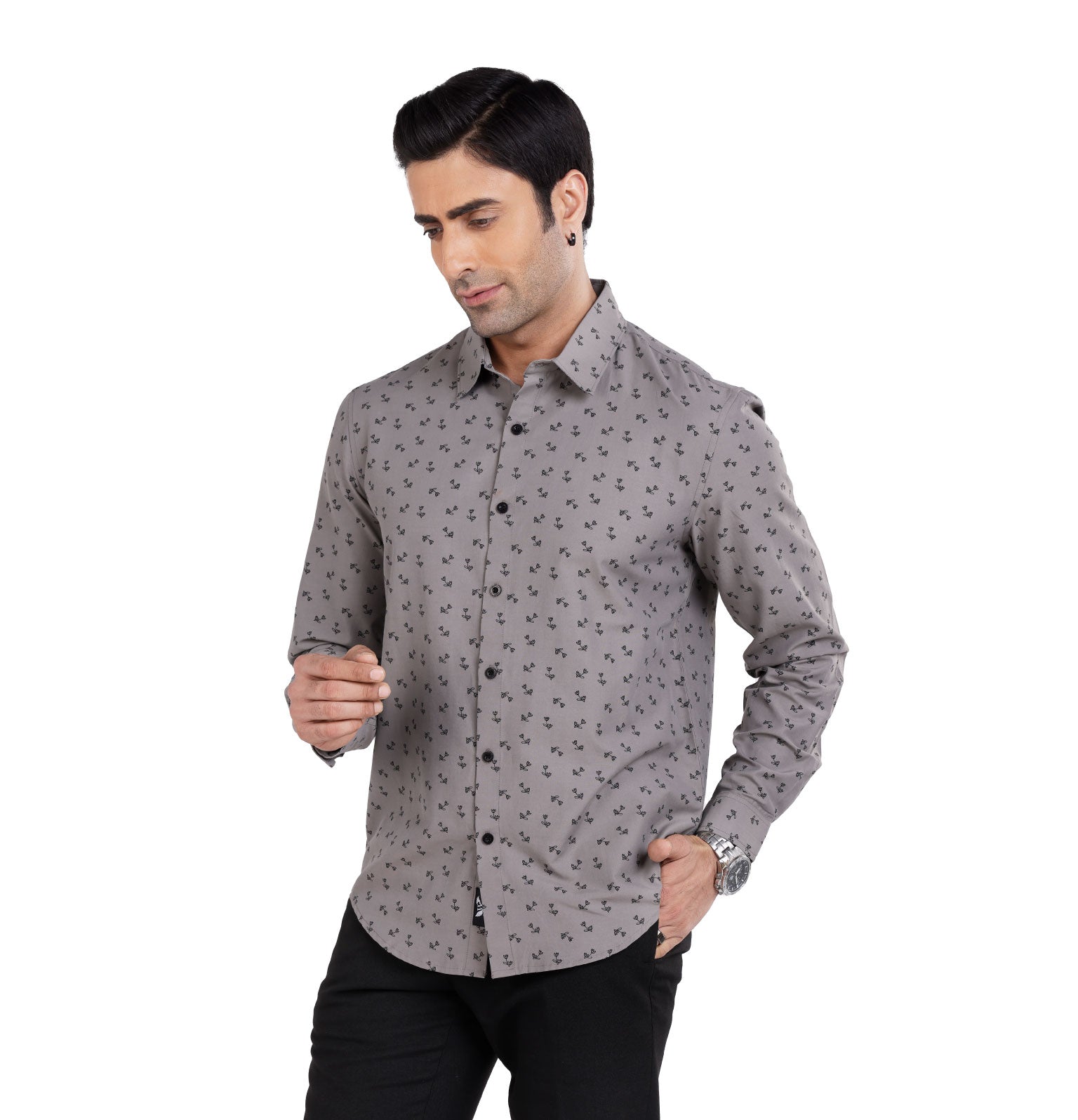Active Fit Men's Shirt with Dandelions Pattern - Full Sleeves - Grey