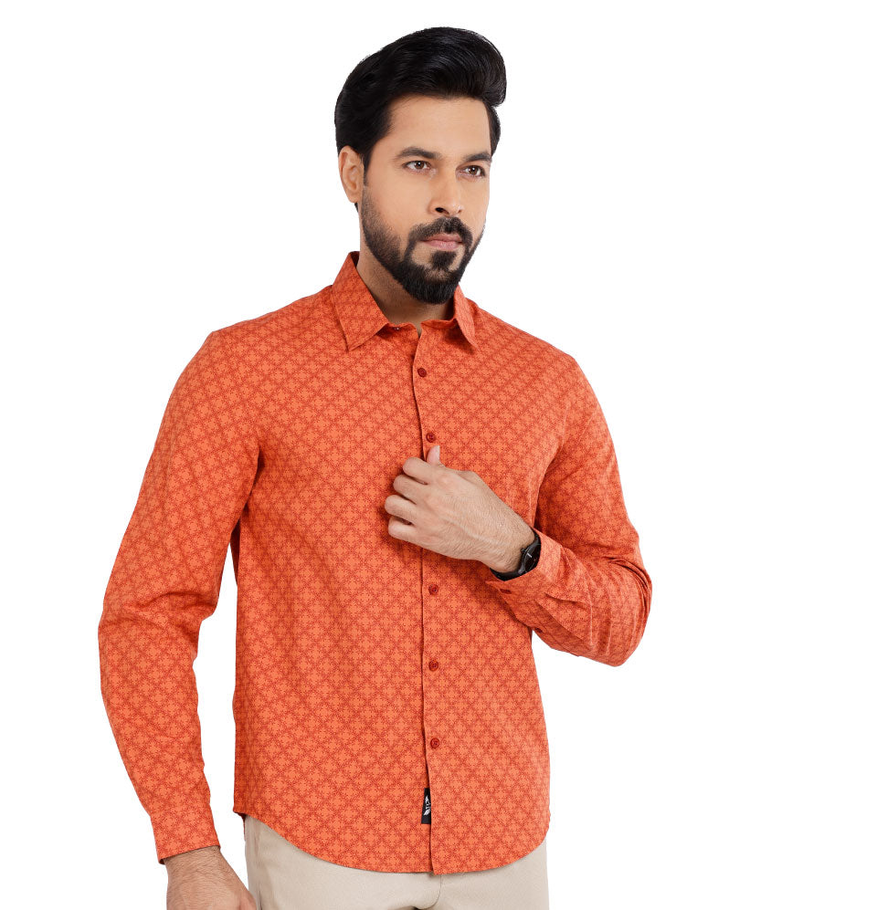 Active Fit Men's Shirt with Stencil Pattern - Full Sleeves - Rust Orange