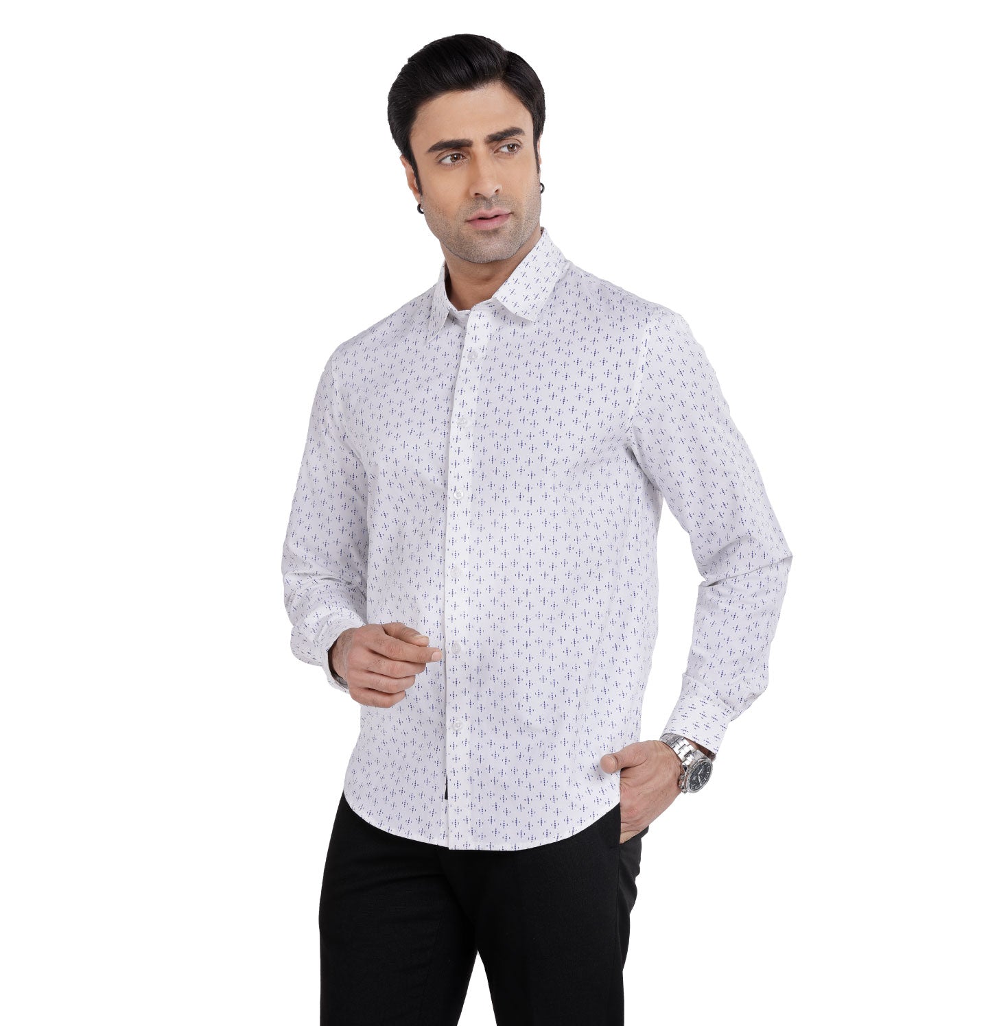 Active Fit Men's Shirt with Diamonds - Full Sleeves - White