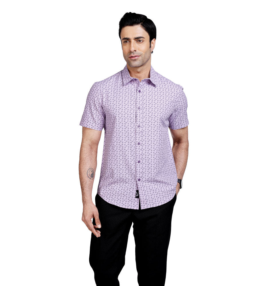 Active Fit Men's Shirt with Leaves Pattern - Half Sleeves - Orchid Patel