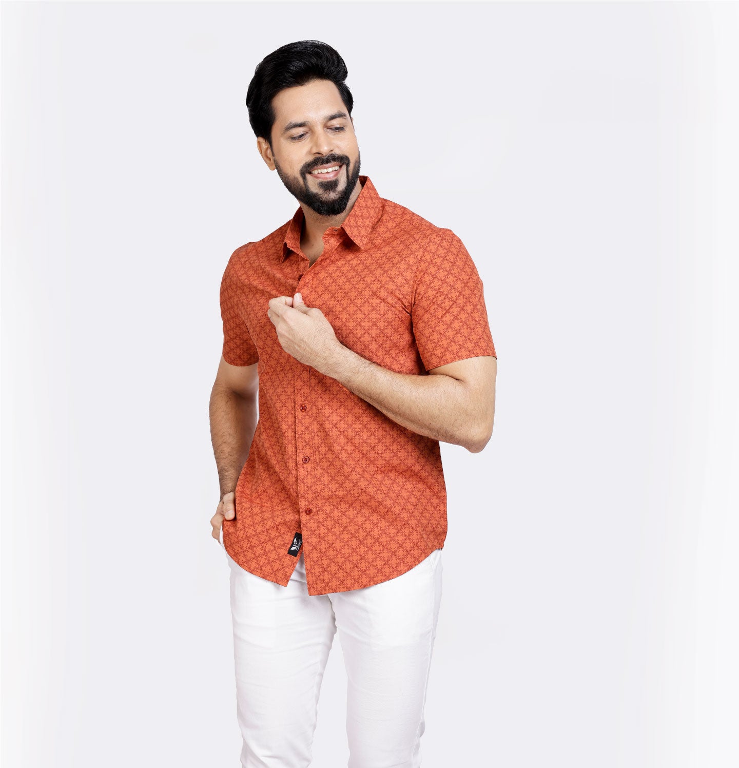 Active Fit Men's Shirt with Stencil Pattern - Half Sleeves - Rust Orange