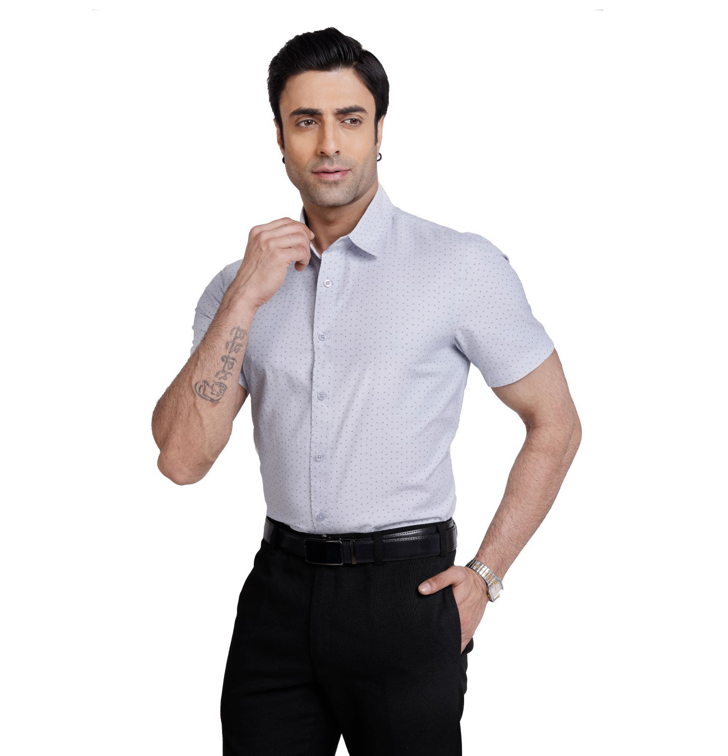 Active Fit Men's Shirt with Rhombus Pattern - Half Sleeves - Ice Blue