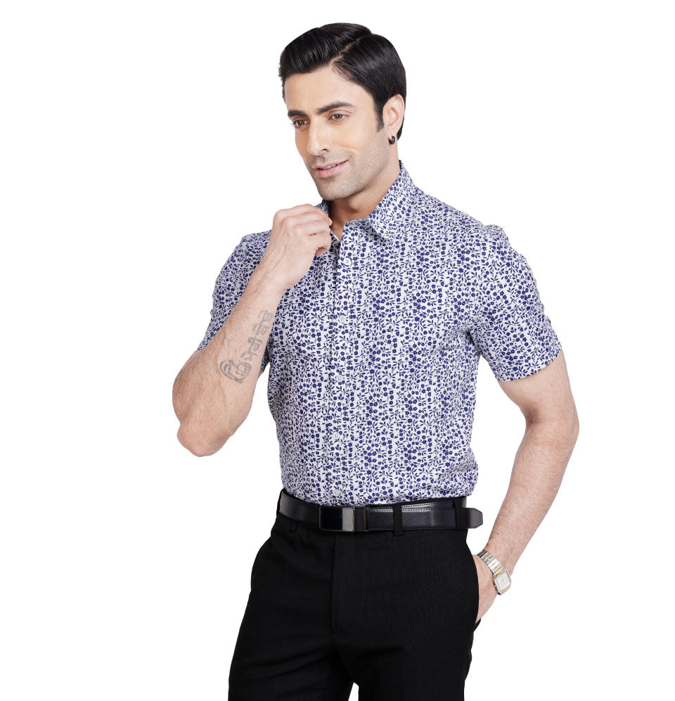 Active Fit Men's Shirt with Florals Pattern - Half Sleeves - White