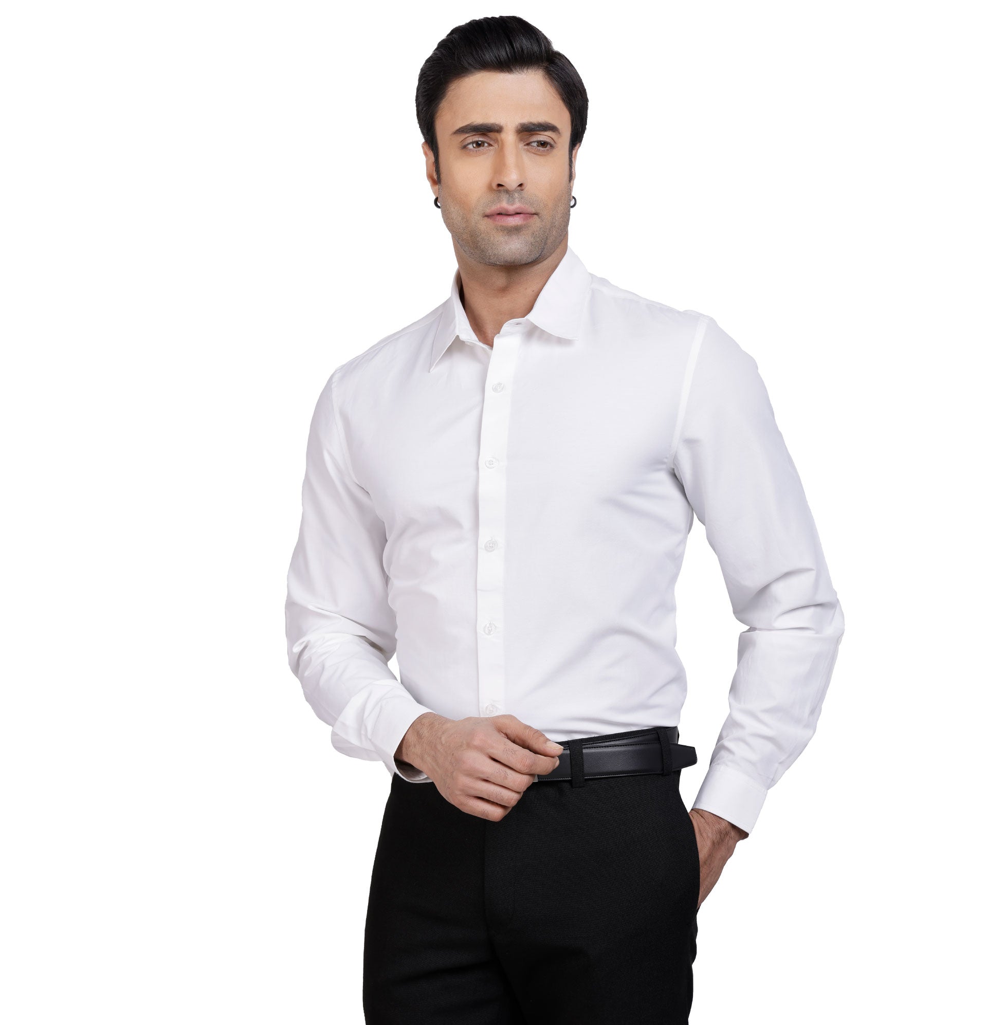 Active Fit Men's Shirt with Solid Pattern - Full Sleeves - White