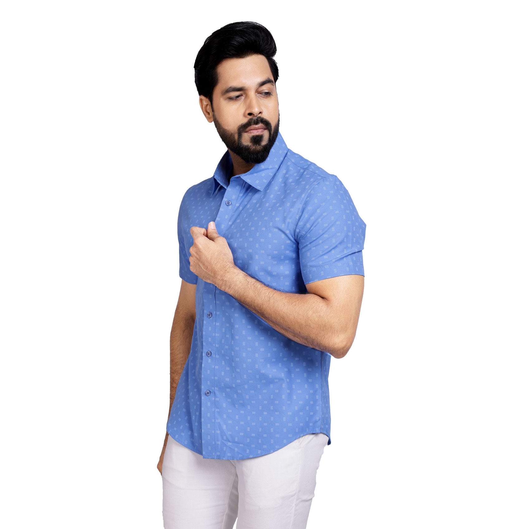 Active Fit Men's Shirt with Waves Pattern - Half Sleeves - Blue Bonnet